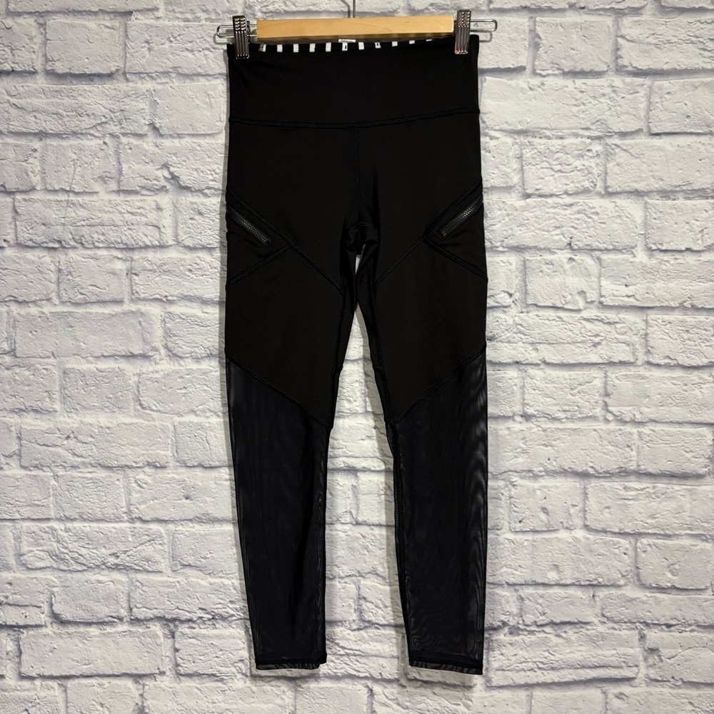 Ivivva by Lululemon Black Mesh Leggings with Striped Waistband Size 12